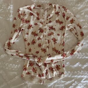 Free People Cream Floral Long Sleeve Henley Top with Pink and Brown Accents
